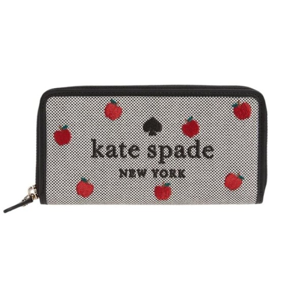 Kate Spade Womens Black Red Apple Embroidered Large Continental Wallet New - Picture 1 of 12